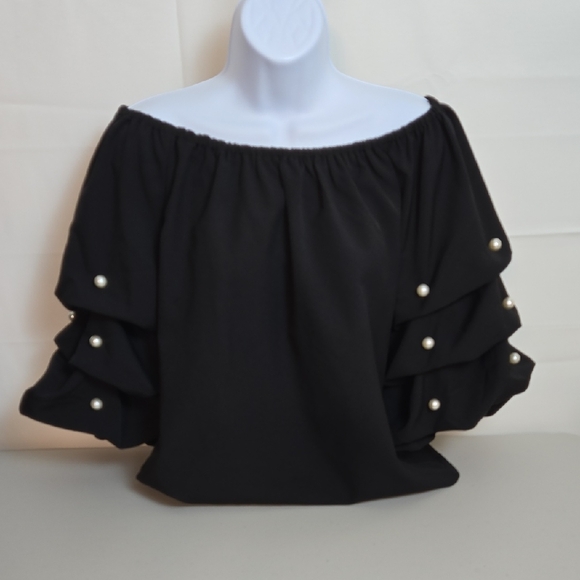 CeCe Tops - CeCe Black Off-Shoulder Blouse with Pearl Details, Size Medium, NWT